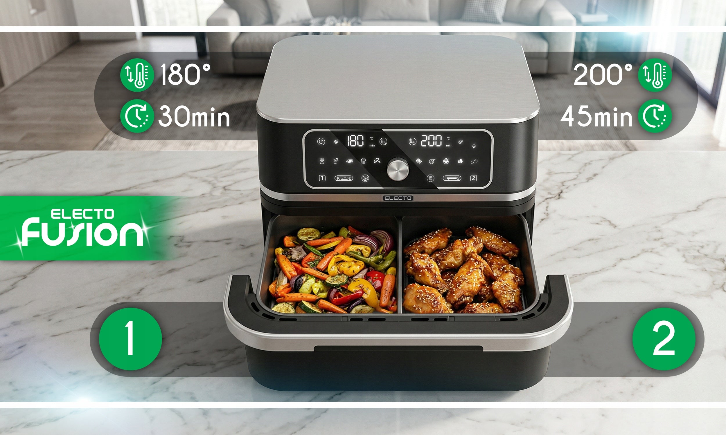 FAT FREE AIR FRYER 3100w FRYER LARGE 10L 12 PROGRAMS Power 3100 W