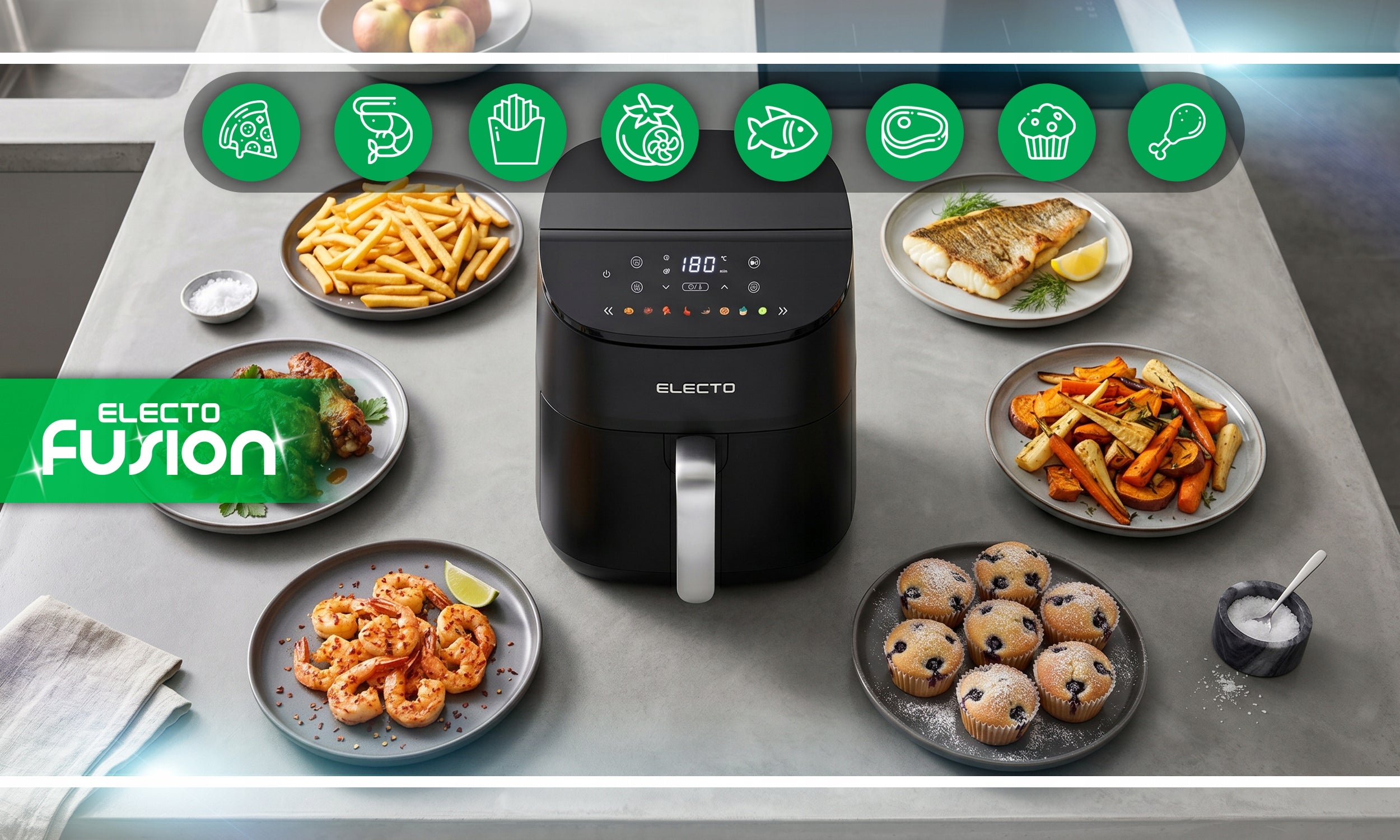 FAT FREE AIR FRYER 5L 1500W AIR FRYER 8 PROGRAMS BLACK Bowl volume 5 l
