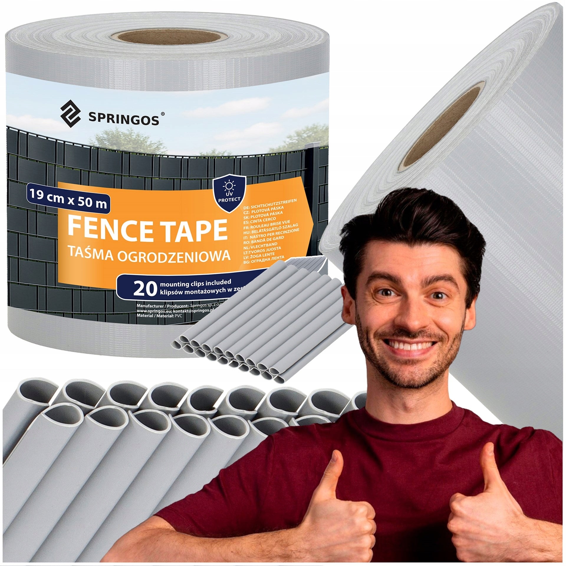 FENCE TAPE 19cm x 50m GREY COVER FOR PANEL FENCE + CLIPS