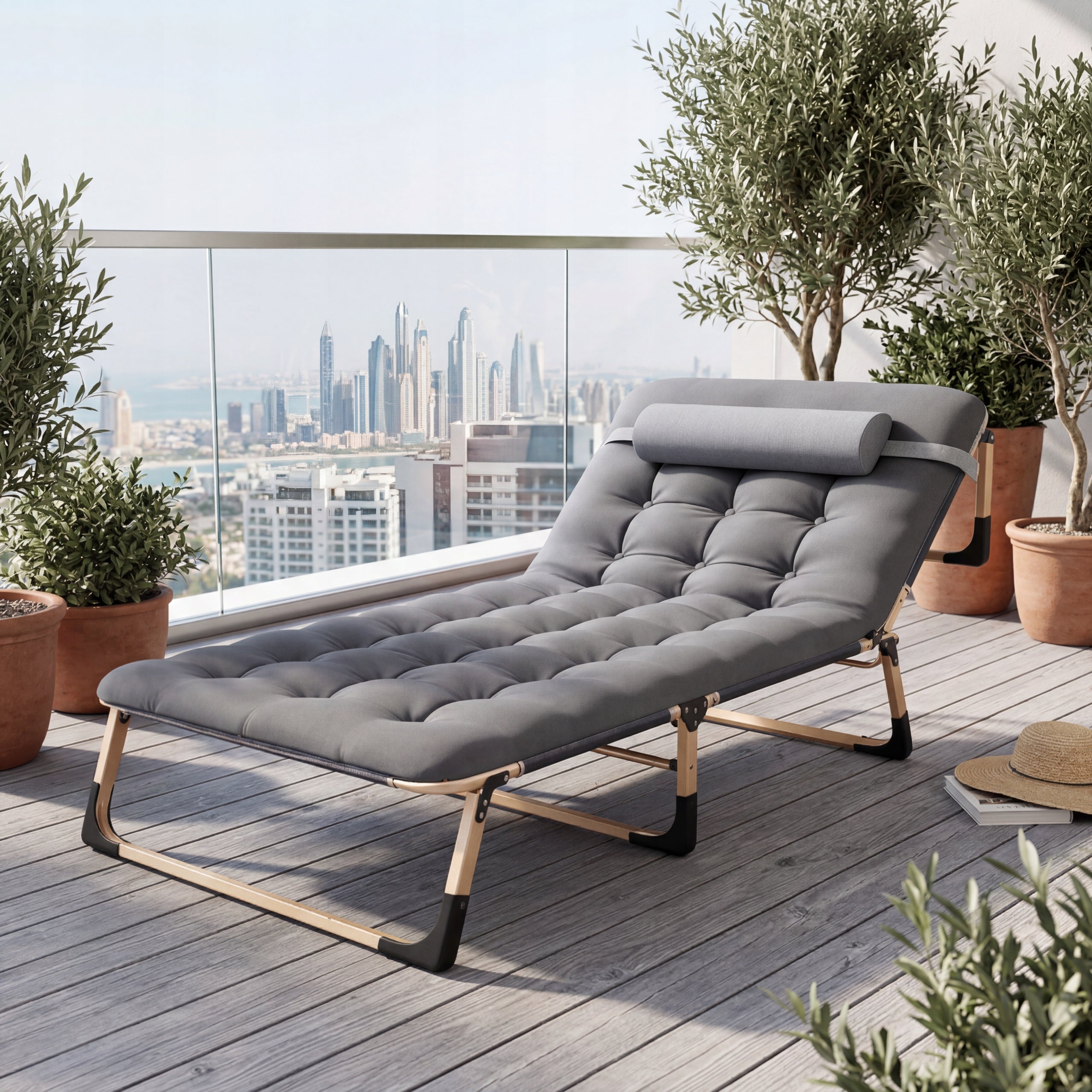 FIELD BED FOLDING GARDEN LOUNGER WITH THICK MATTRESS BREATHABLE OXFORD Color black