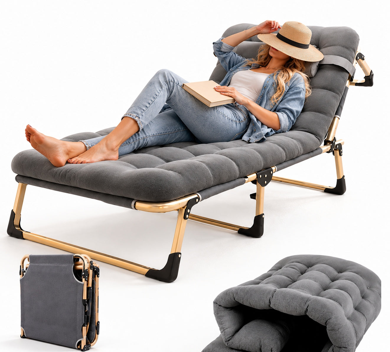 FIELD BED FOLDING GARDEN LOUNGER WITH THICK MATTRESS BREATHABLE OXFORD Packaging status original