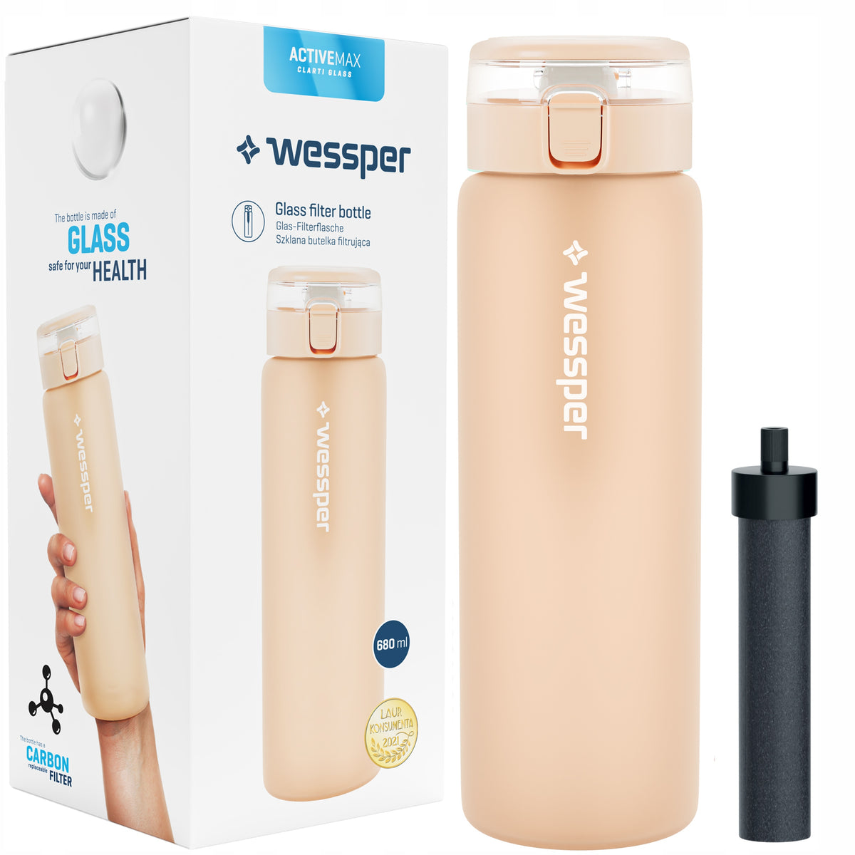 FILTER Bottle Glass Water Bottle Water Filter 680ml Resistant WESSPER ActiveMax Product height 23 cm