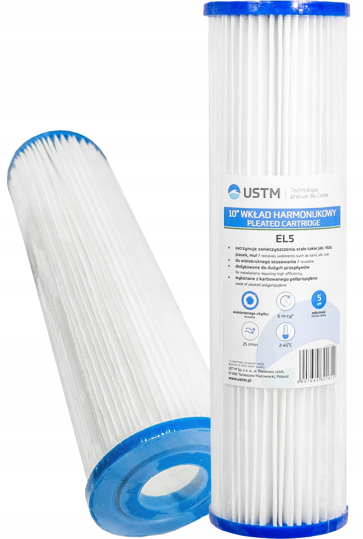 FILTER CARTRIDGE FOR WATER FOLDING 10"EL 5 MICRON REMOVES IMPURITIES USTM