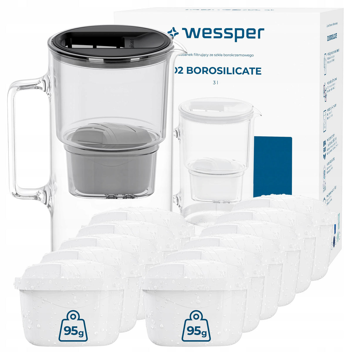 FILTER GLASS JUG WESSPER D2 BOROSILICATE 3l + 12 aquamax filter