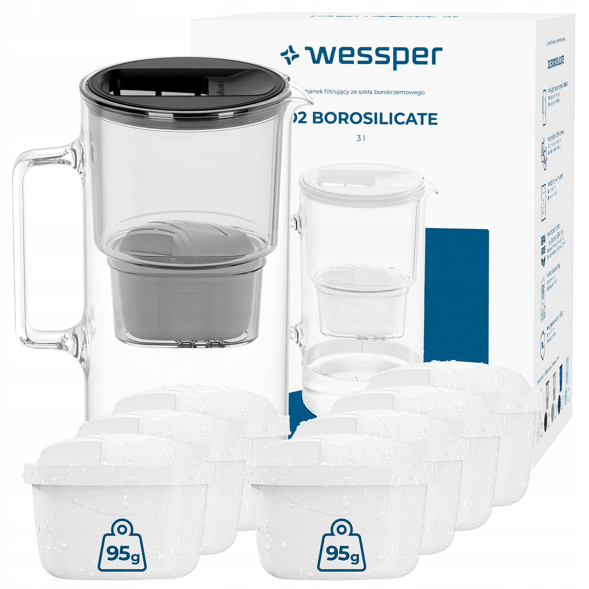 FILTER GLASS JUG WESSPER D2 BOROSILICATE 3l + 8x aquamax filter