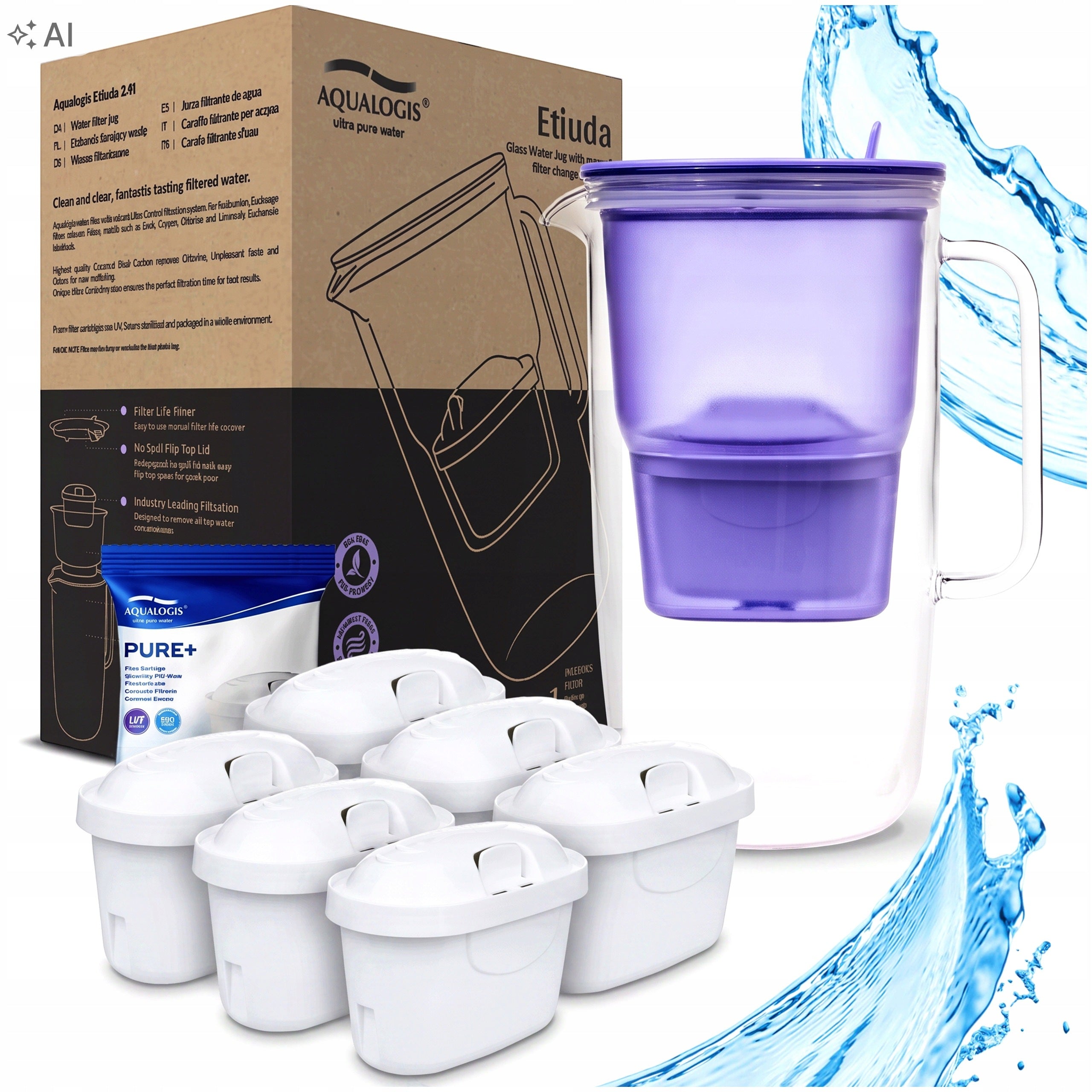 FILTER JUG GLASS BORON LAVENDER ETHIUD + 6x PURE+ FILTER