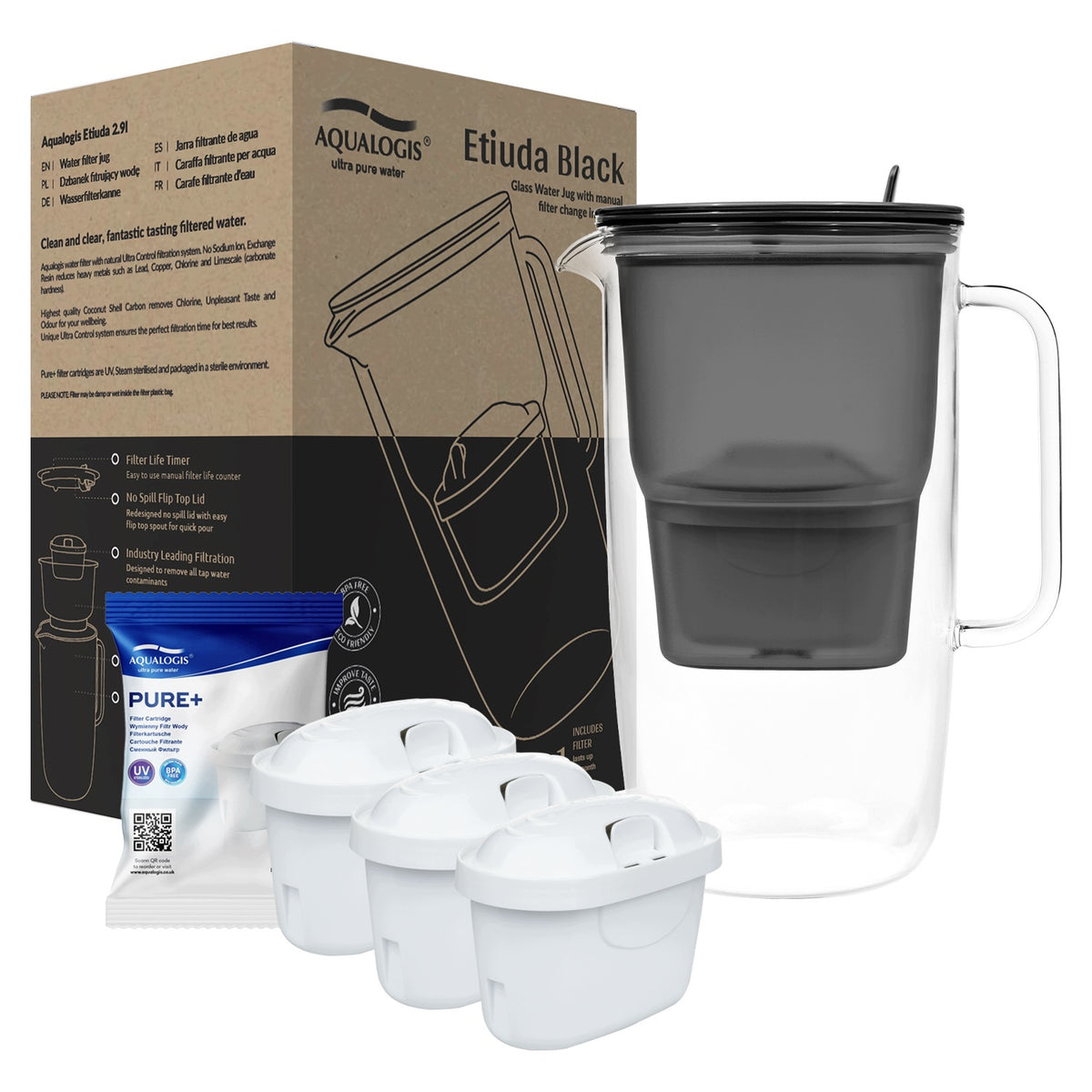 FILTER JUG GLASS BOROSILICATE BLACK ETUDA + 3 x PURE+ CARTRIDGES Packaging status original