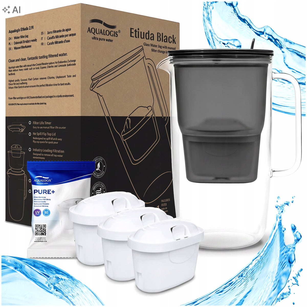 FILTER JUG GLASS BOROSILICATE BLACK ETUDA + 3 x PURE+ CARTRIDGES