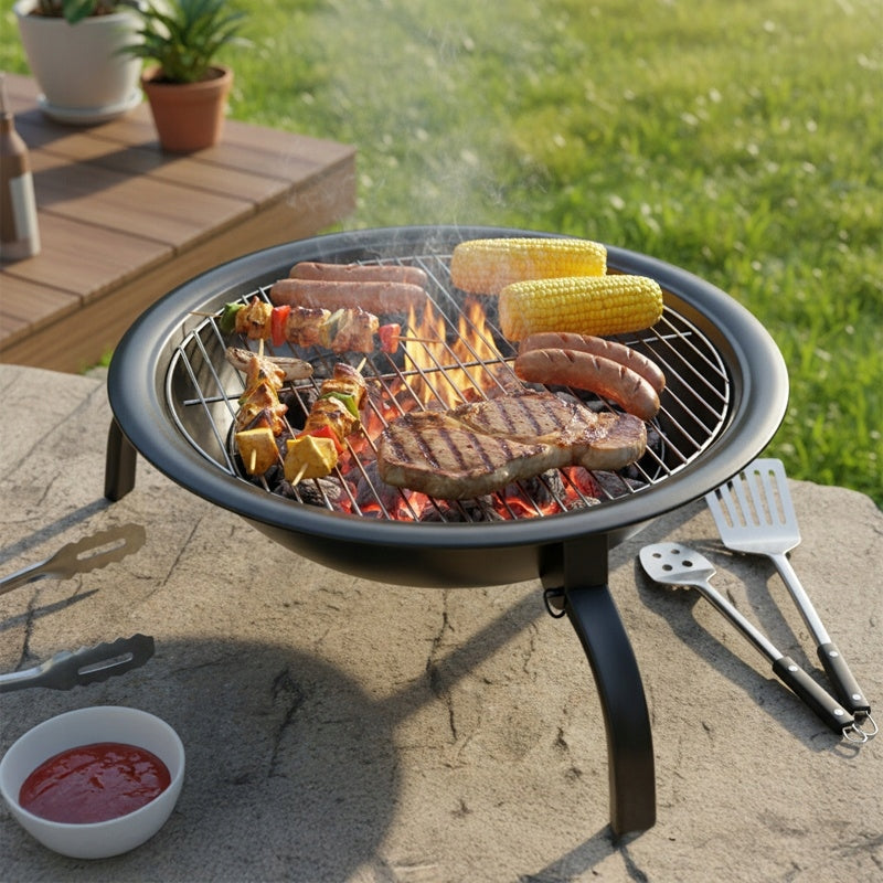 FIRE PIT GRILL 2IN1 GARDEN CHARCOAL TRIPOD PORTABLE ROUND TOURIST Manufacturer VELACO