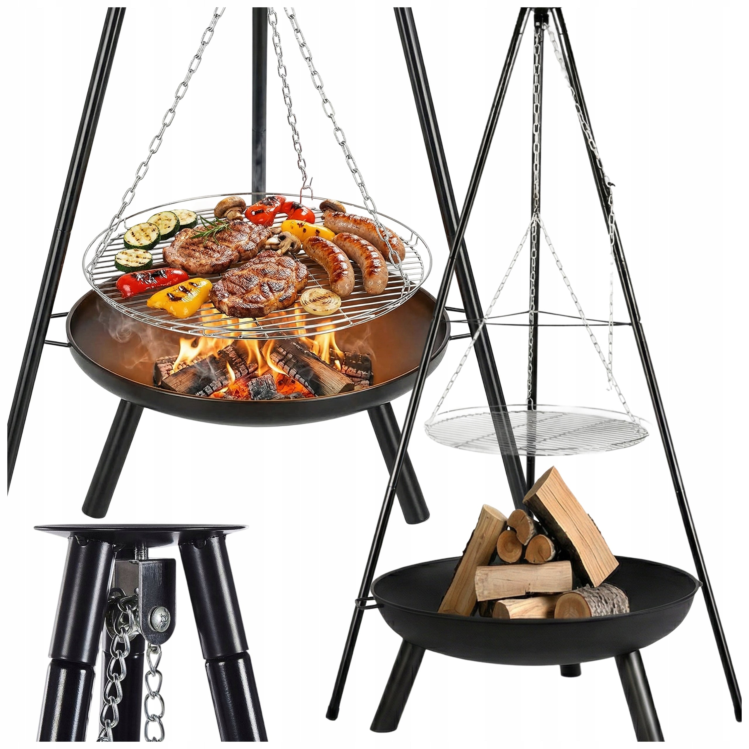 FIRE PIT TRIPOD GARDEN FOCAL GRILL HANGING LARGE GRATE 48CM BOWL 63