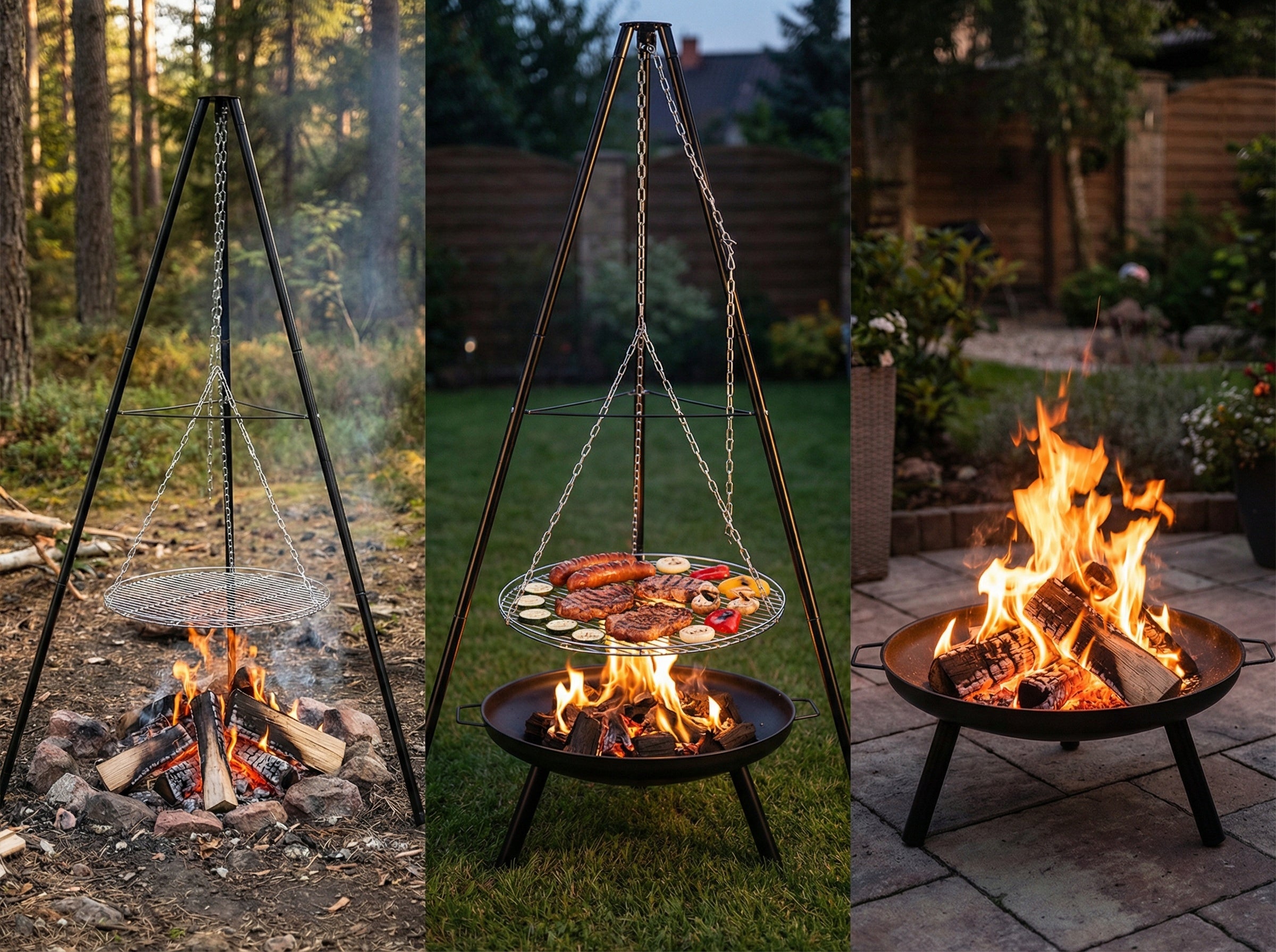 FIRE PIT TRIPOD GARDEN GRILL FOCAL HANGING LARGE CHARCOAL GRATE 48 CM Grate length 48 cm