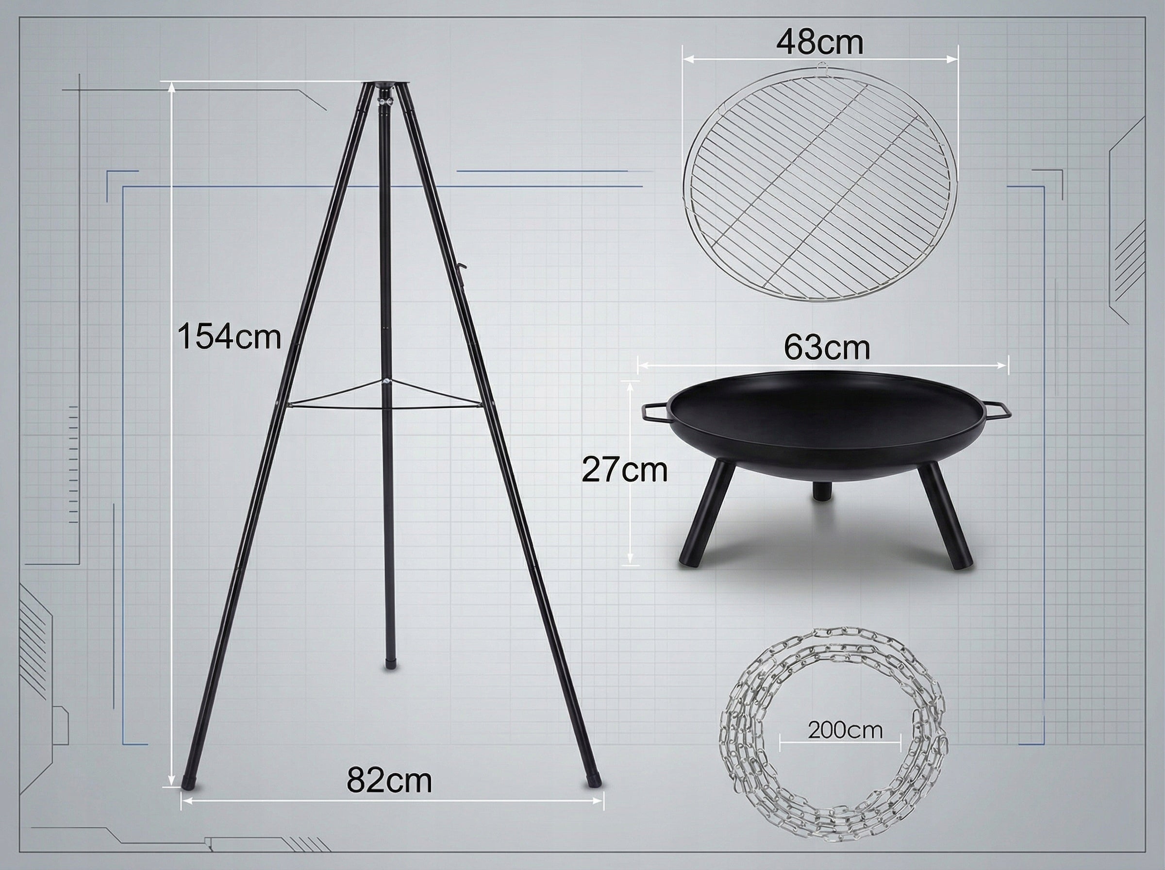 FIRE PIT TRIPOD GARDEN GRILL FOCAL HANGING LARGE CHARCOAL GRATE 48 CM Grill depth 82 cm