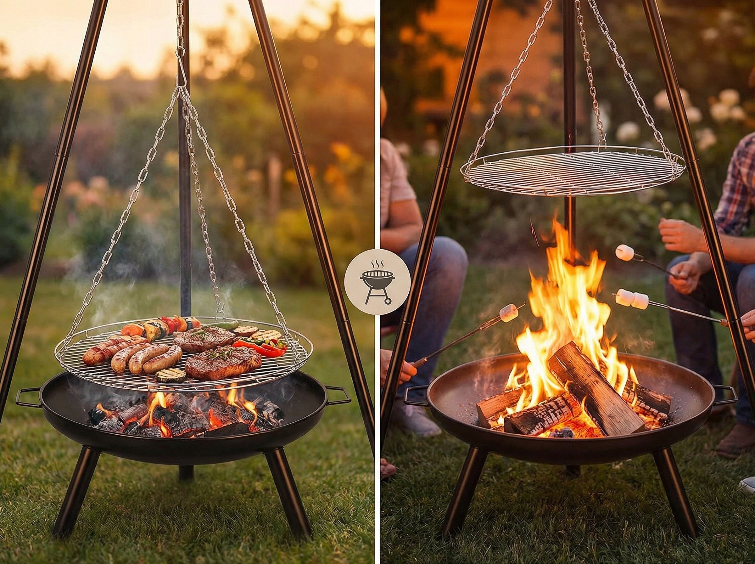 FIRE PIT TRIPOD GARDEN GRILL FOCAL HANGING LARGE CHARCOAL GRATE 48 CM Packaging status original