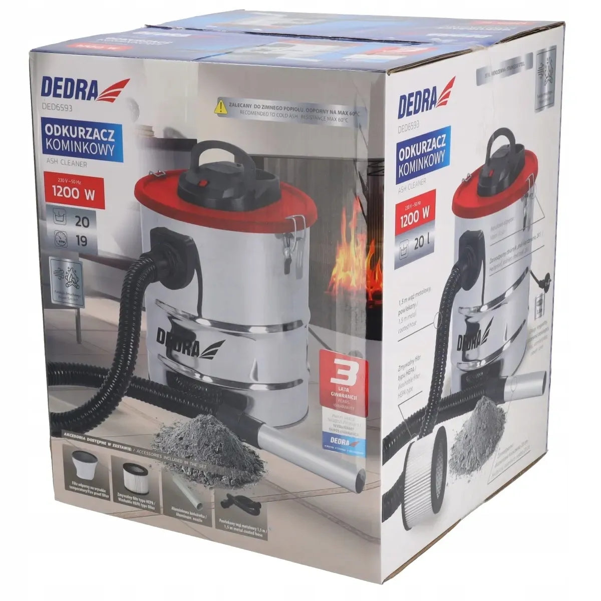 FIREPLACE GRILL VACUUM CLEANER FOR ASH 1200W 20L DED6593 DEDRA Manufacturer code DED6593 bezworkowy separator popiołu Dmuchawa