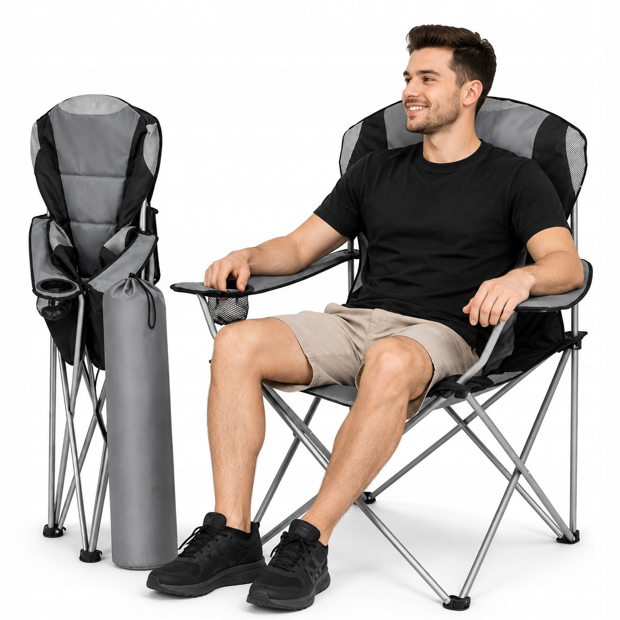 FISHING FOLDING HIKING CHAIR WITH BACKREST DURABLE SOLID GREY