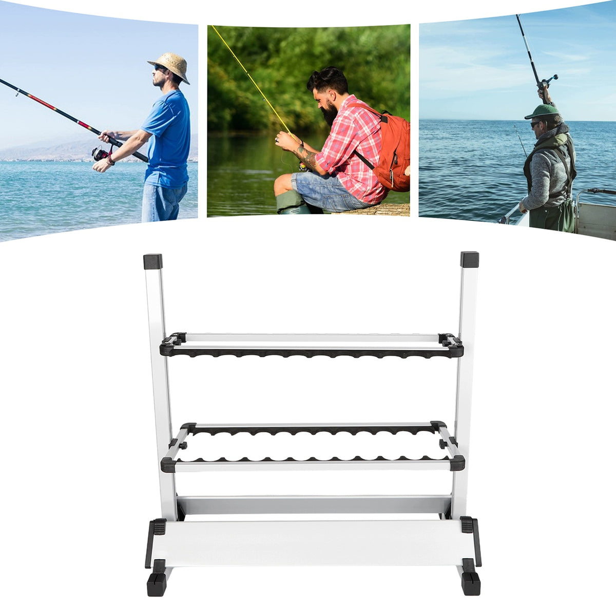 FISHING ROD HOLDER INDEPENDENT ALUMINUM ALLOY RACK FOR 24 RODS 71.5*31*70CM