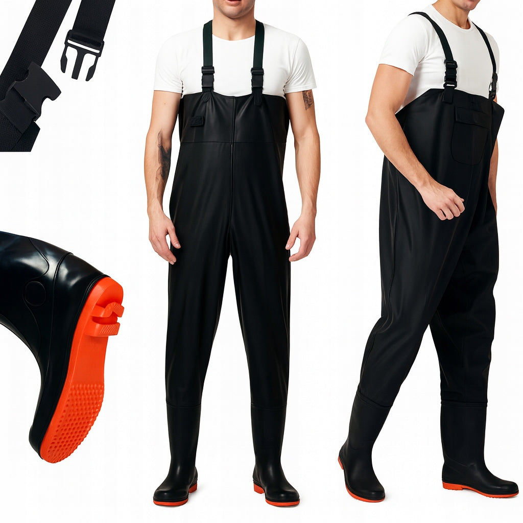 FISHING WADERS RUBBER FISHING TROUSERS WITH SUSPENDERS TROUSERS - size. 45 Color black