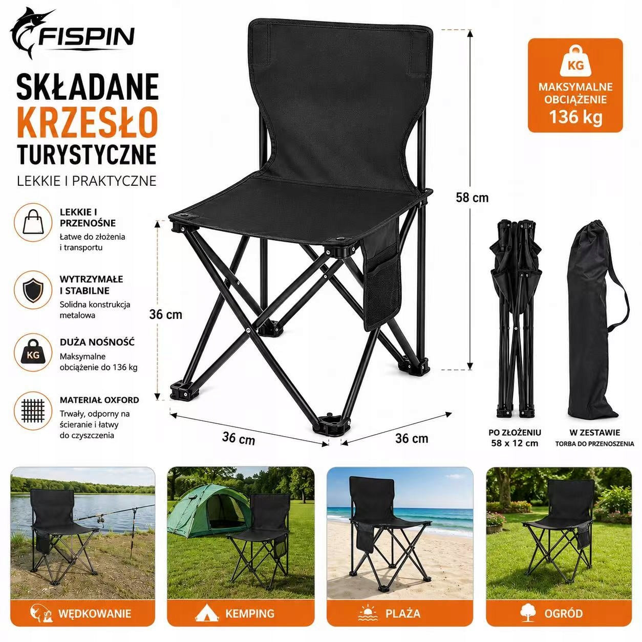 FISPIN Hiking Chair Folding Fishing Camping Strong Black