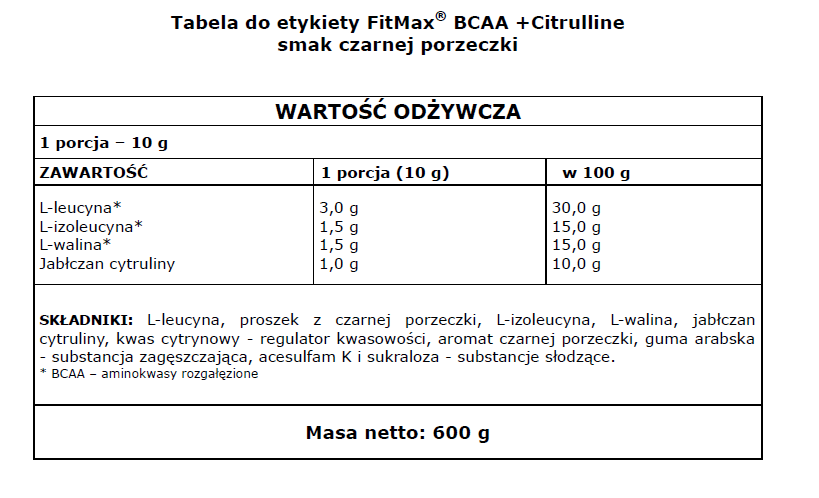 FITMAX BCAA + CITRULLINE 600G BRANCHED CHAIN AMINO ACIDS CITRULLINE LEMON EAN (GTIN) 5902385242165