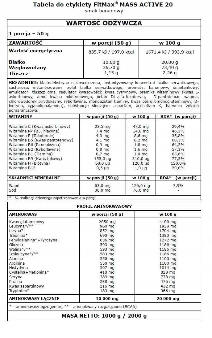 FITMAX MASS ACTIVE 2KG BANANA Expiration date at least 1 year from the date of purchase