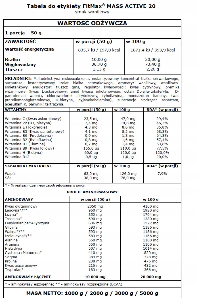 FITMAX MASS ACTIVE 2KG VANILLA EAN (GTIN) 5908264416412