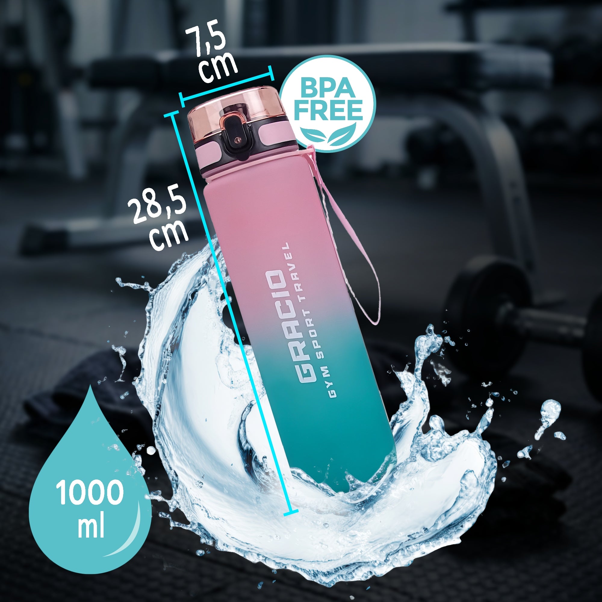 FITNESS SPORTS WATER Bottle 1L Tritan Motivational Measure BPA Free GRACIO Packaging status original