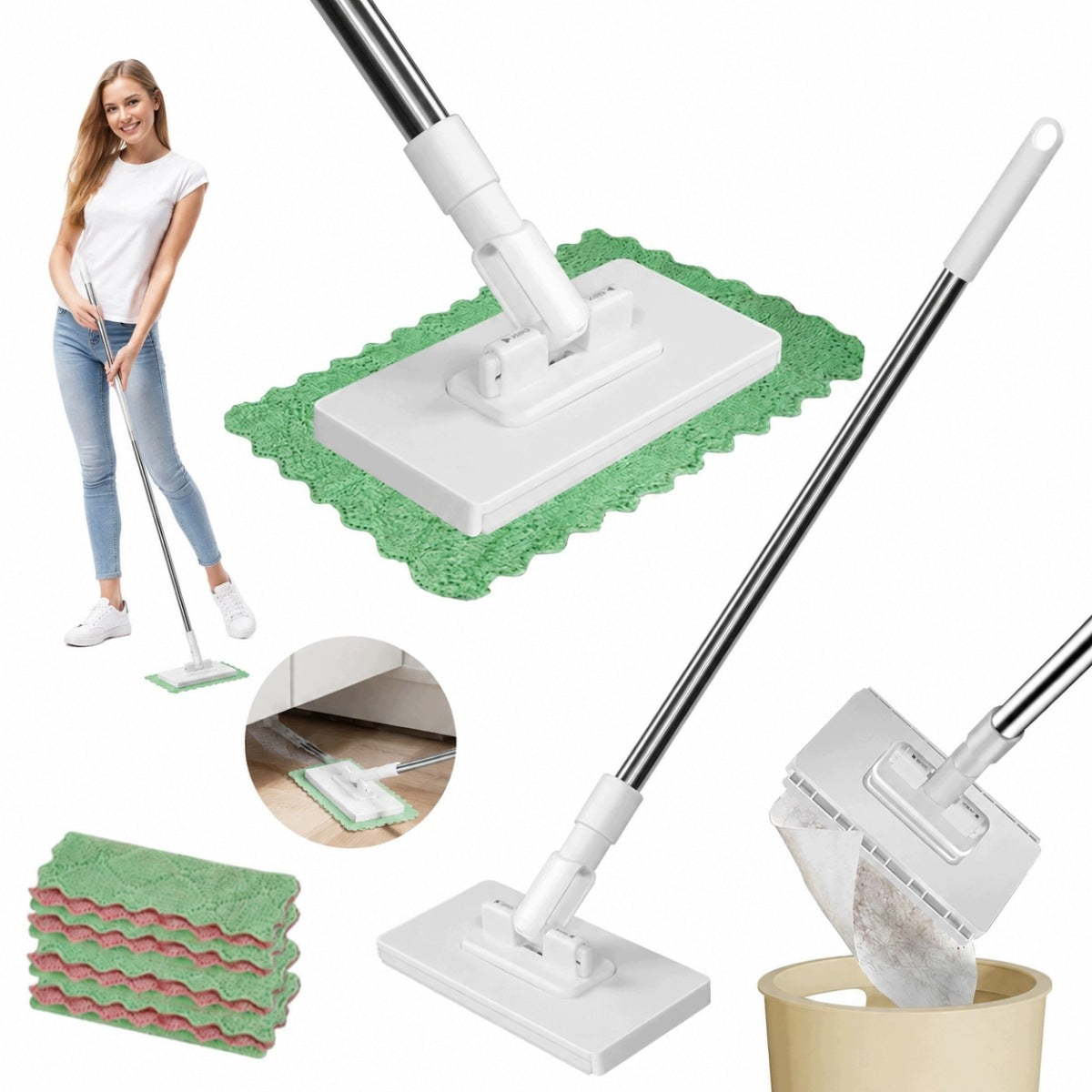 FLAT MOP FOR CLEANING WINDOWS AND FLOORS WHITE WITH 4PCS CLOTHS UNIVERSAL NEW