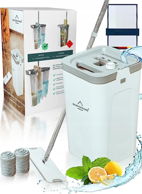 FLAT MOP WITH 3-CHAMBER BUCKET WONDERHOME WHITE CLEANING KIT