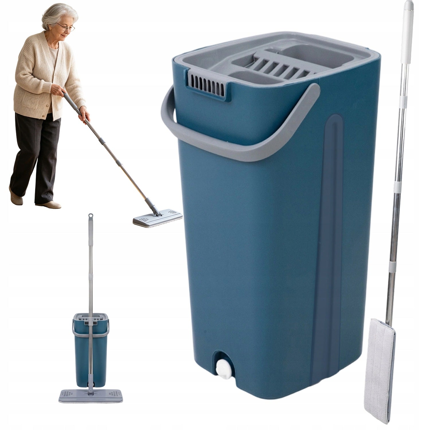FLAT MOP WITH BUCKET MICROFIBER SET FOR CLEANING WINDOWS AND WALLS FLOORS