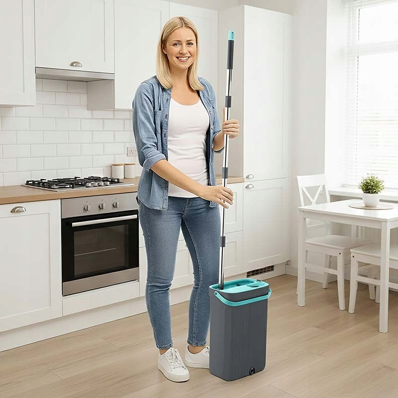 FLAT MOP WITH BUCKET TWO-CHAMBER CLEAN DIRTY WATER MICROFIBER CARTRIDGE Packaging status original
