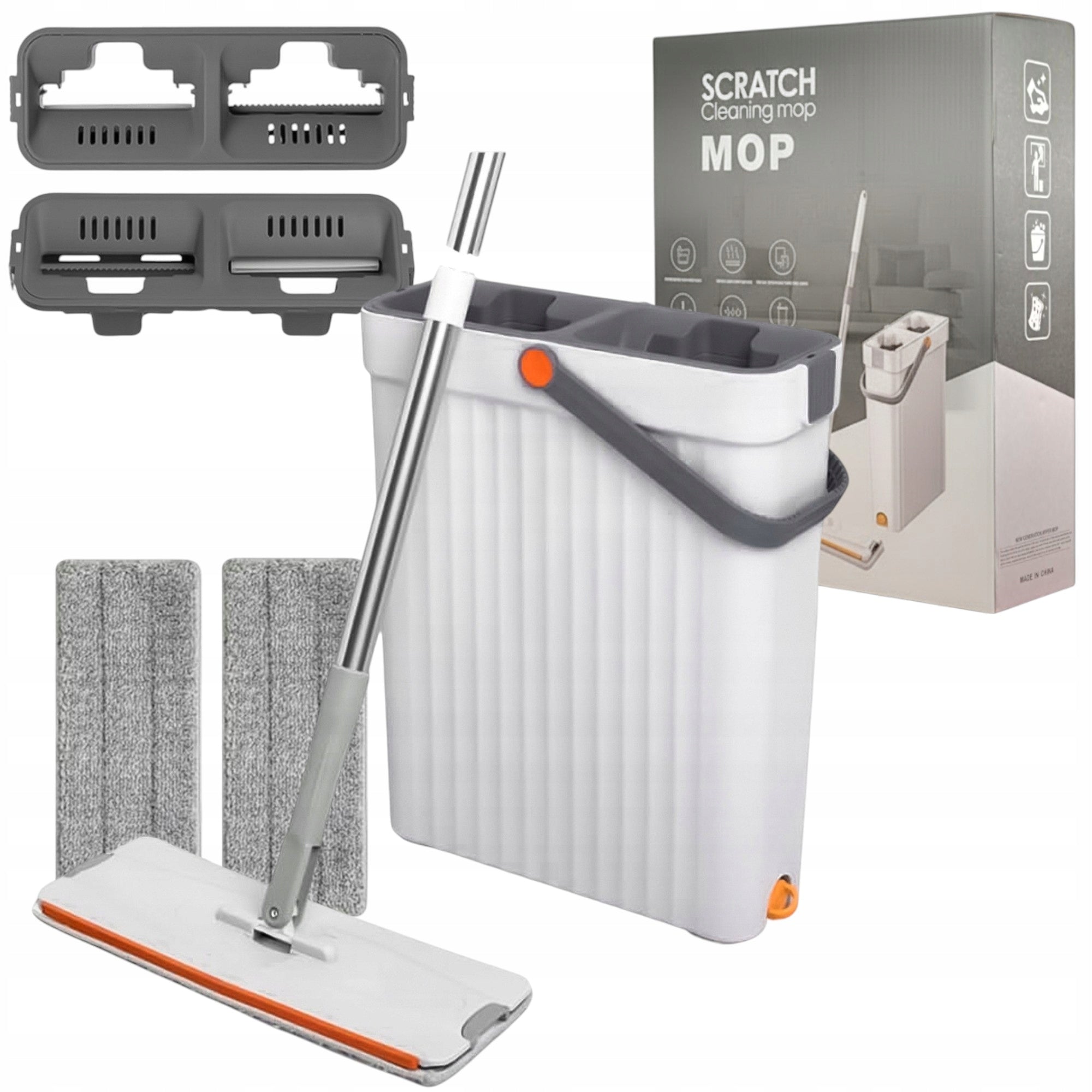 FLAT MOP WITH FLOOR SQUEEZER TWO-CHAMBER BUCKET 2 ABSORBENT CARTRIDGES