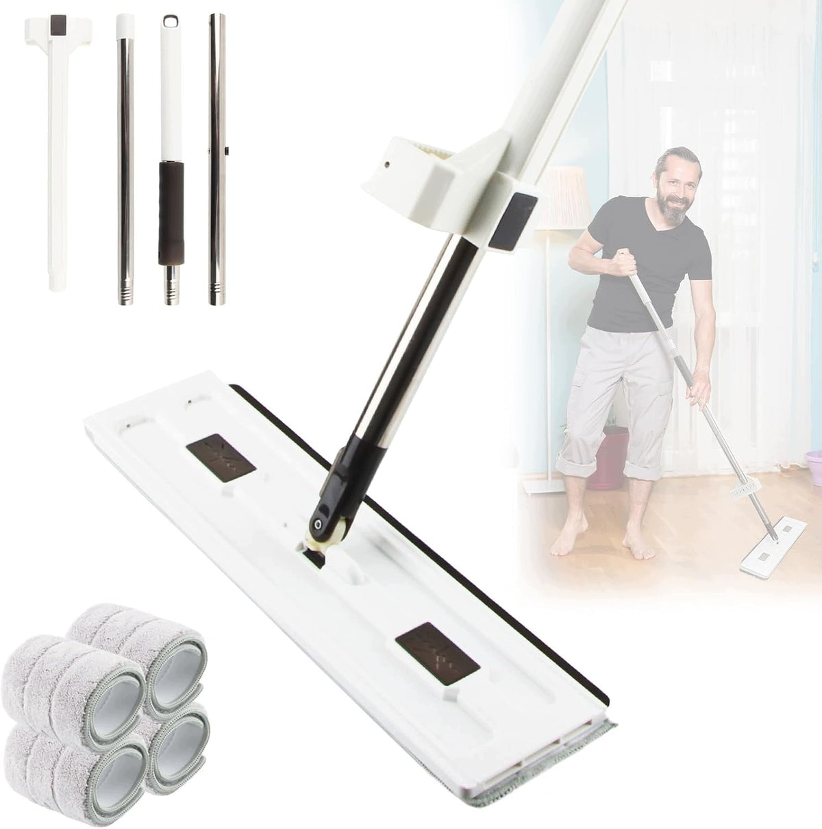 FLAT MOP WITH SQUEEZER 360° + 4 MICROFIBER WHITE