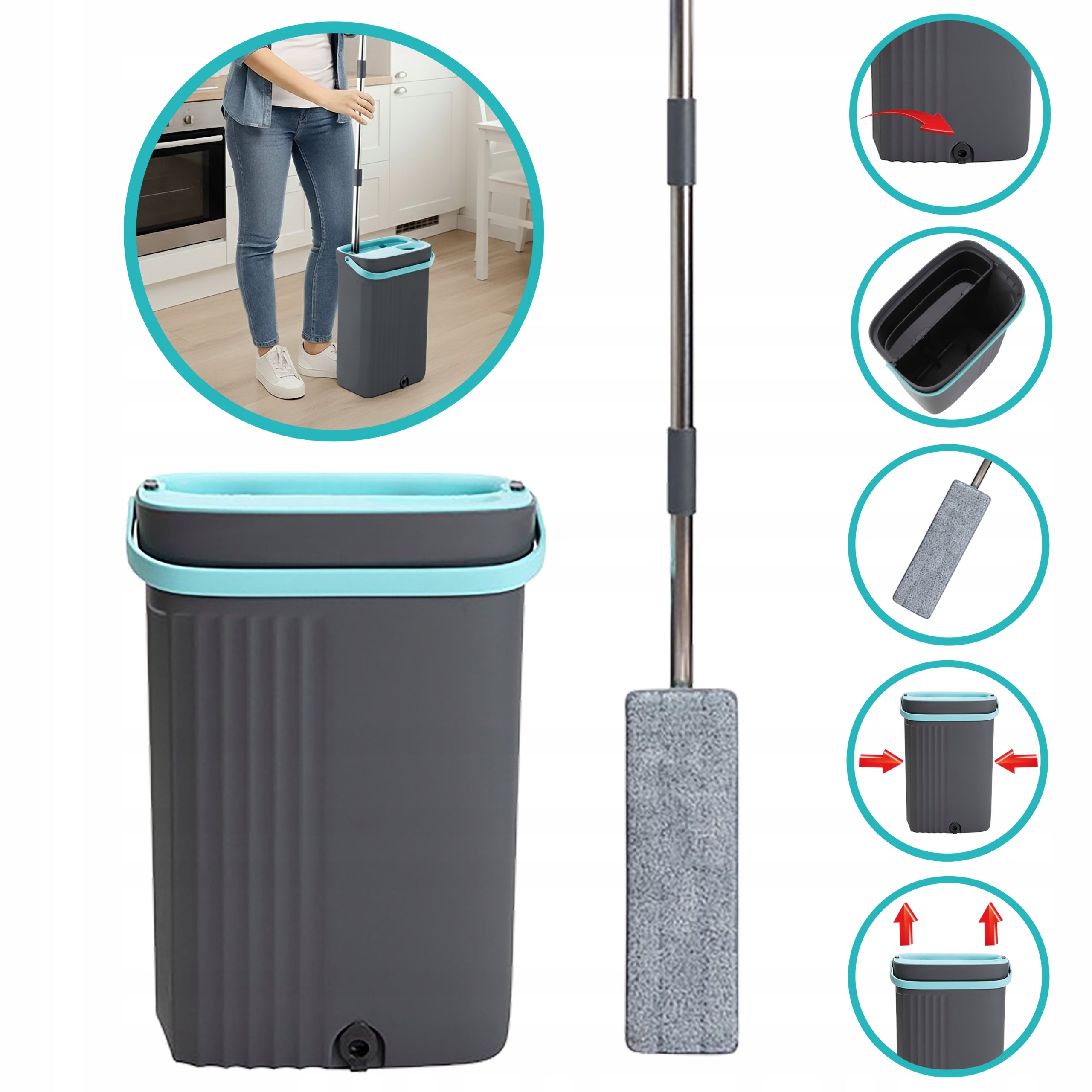 FLAT MOP WITH TWO-CHAMBER BUCKET 8,7L MICROFIBER ABSORBENT LIGHTWEIGHT COMPACT