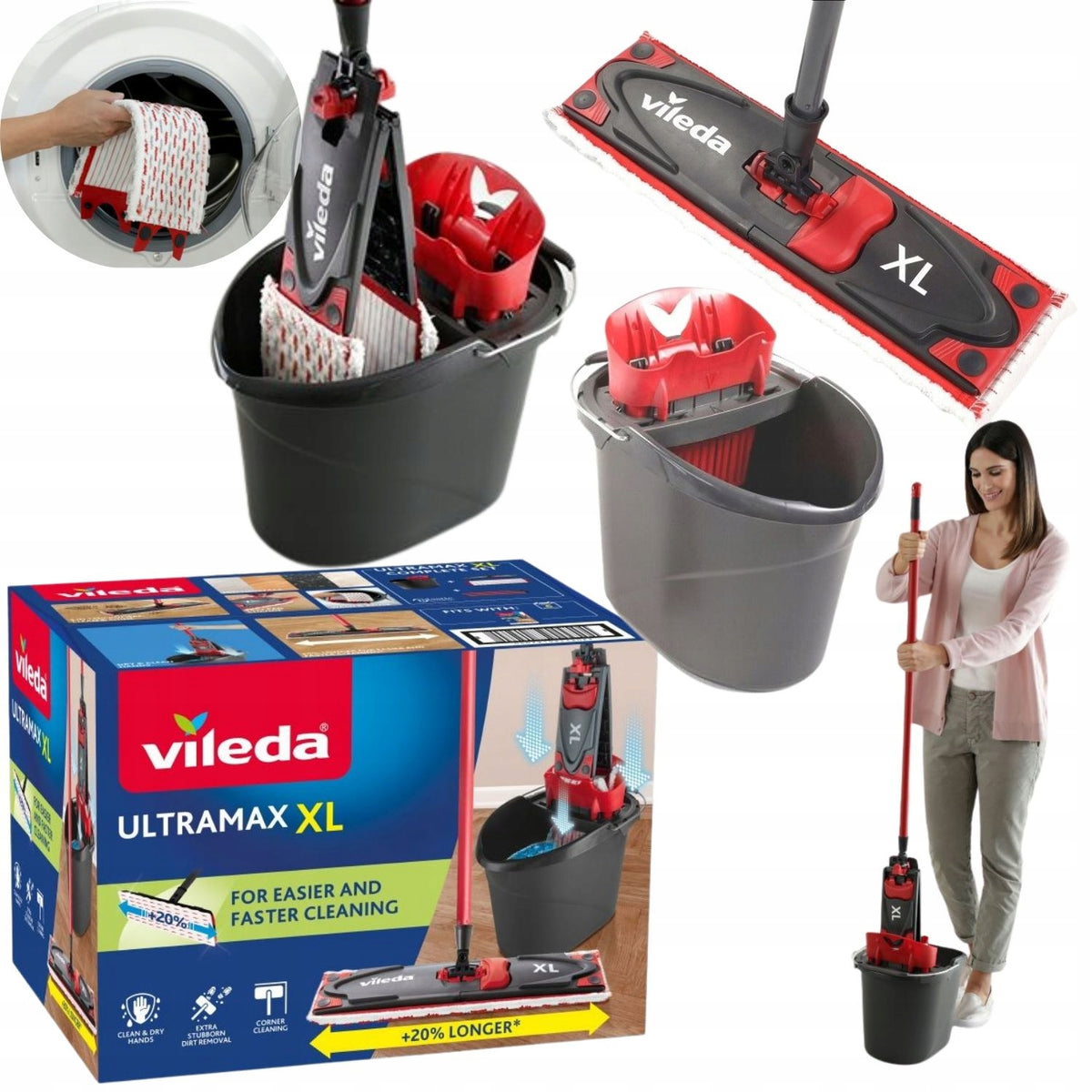 FLAT ROTARY MOP XL 42CM WITH 3 PIECE BAR SET+BUCKET+SQUEEGEE