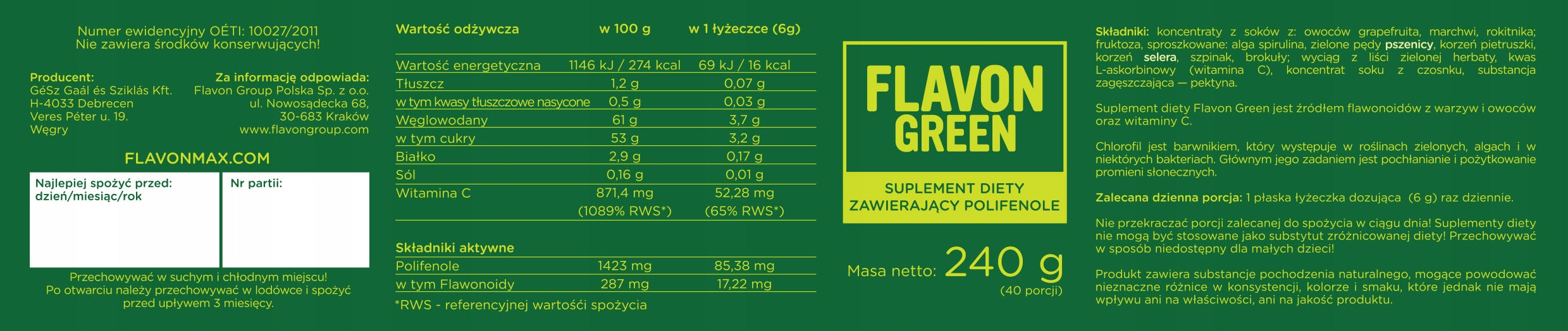 FLAVON GREEN flavonoidy + czosnek pietruszka seler = warzywa na odporność Age range from 10 months