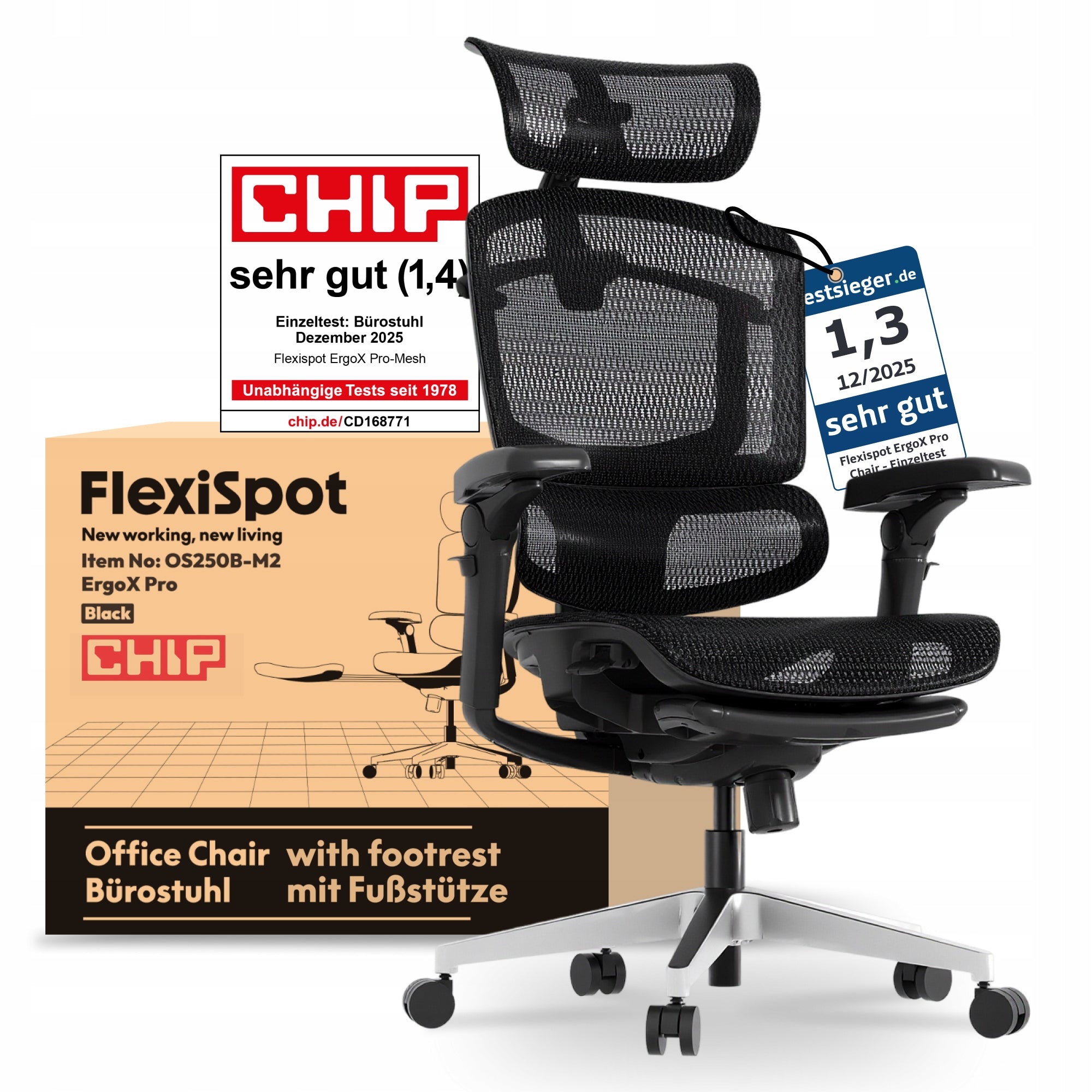 FLEXISPOT Ergox-Pro Krzesło ergonomiczny 250KG 5D lędźwie 7D podłokietniki