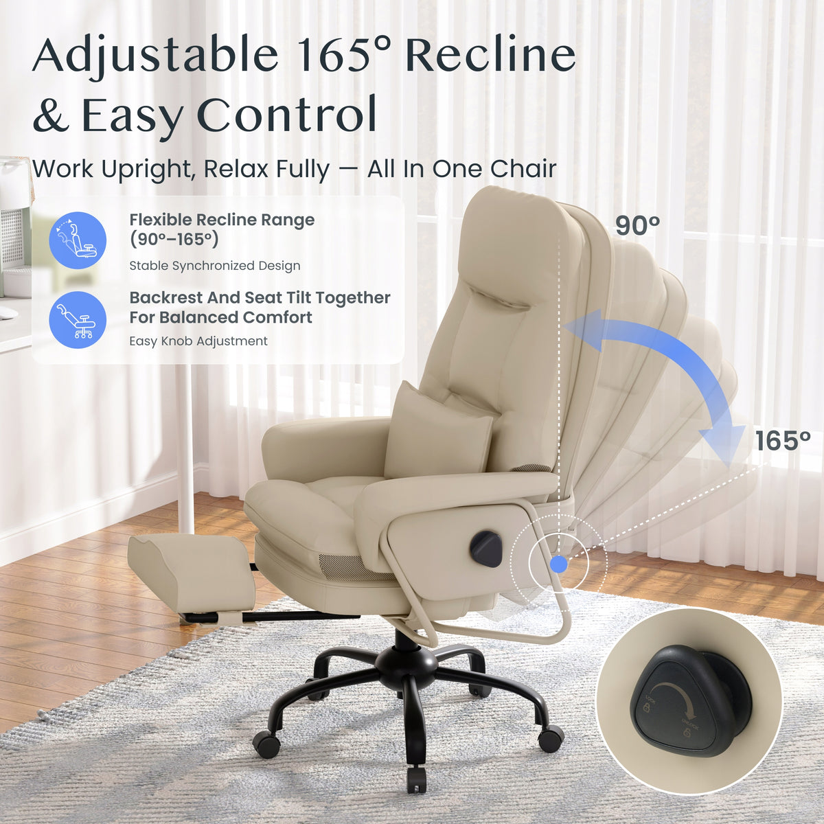 FLEXISPOT Fotel biurowy ergonomiczny 3w1 Beige PU 160° do biura i relaksu Minimum seat height 49 cm