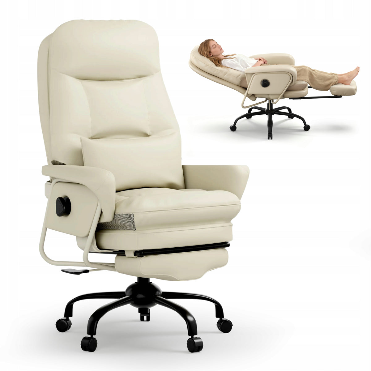 FLEXISPOT Fotel biurowy ergonomiczny 3w1 Beige PU 160° do biura i relaksu