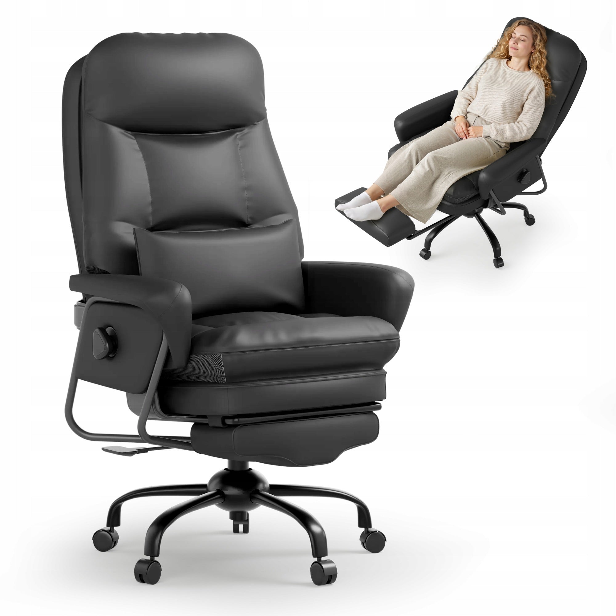 FLEXISPOT Fotel biurowy ergonomiczny 3w1 czarny PU 160° do biura i relaksu
