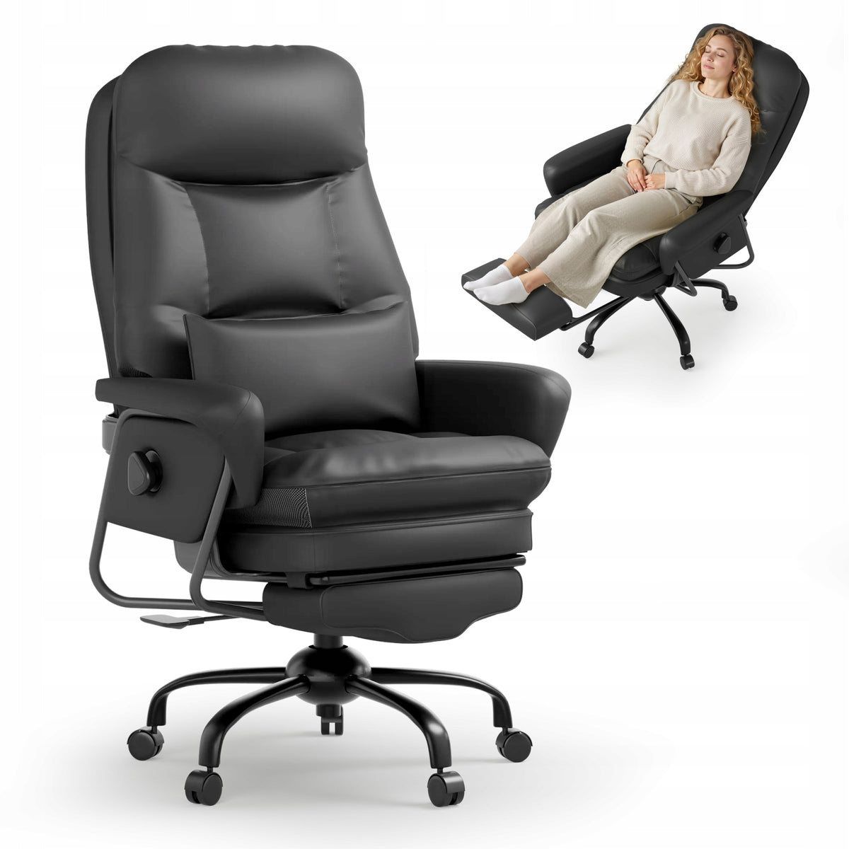 FLEXISPOT Fotel biurowy ergonomiczny 3w1 czarny PU 160° do biura i relaksu