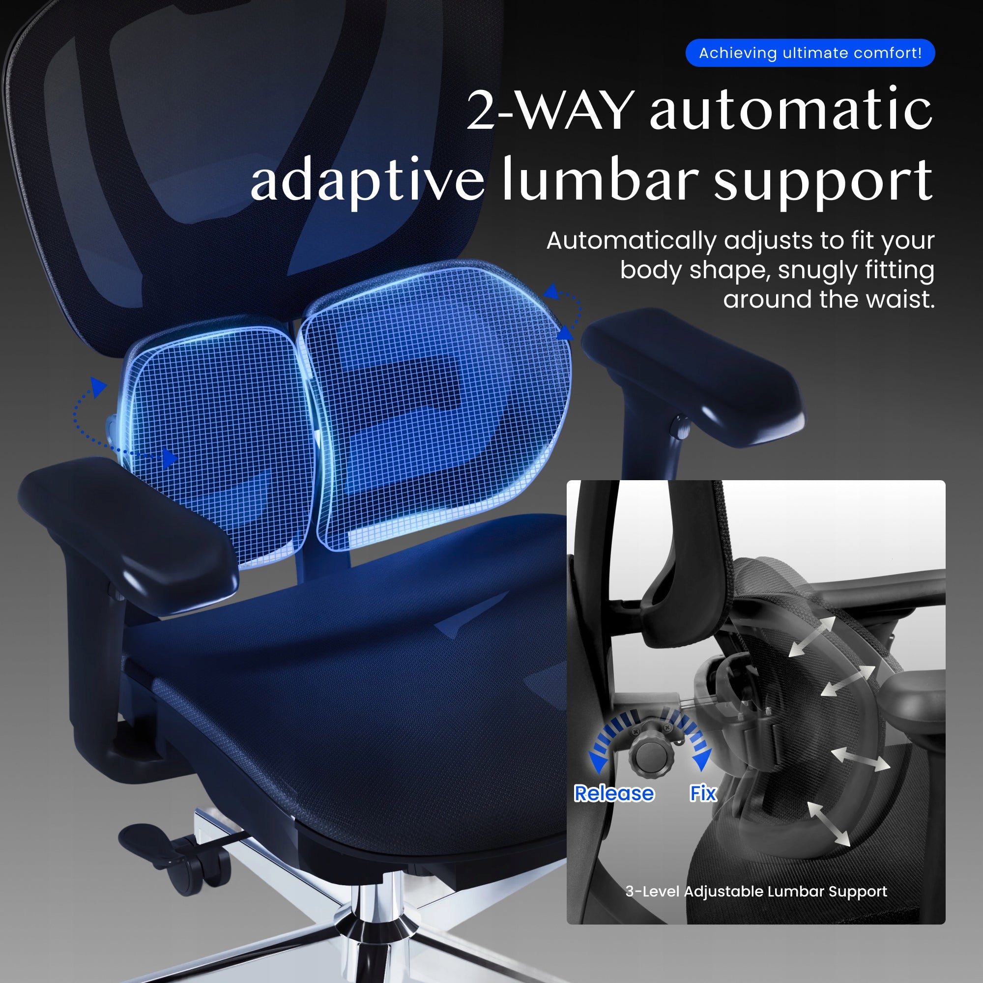 FLEXISPOT OC8 Fotel ergonomiczny Adaptacyjne podwójne skrzydłowe podparcie Manufacturer code C5B-air