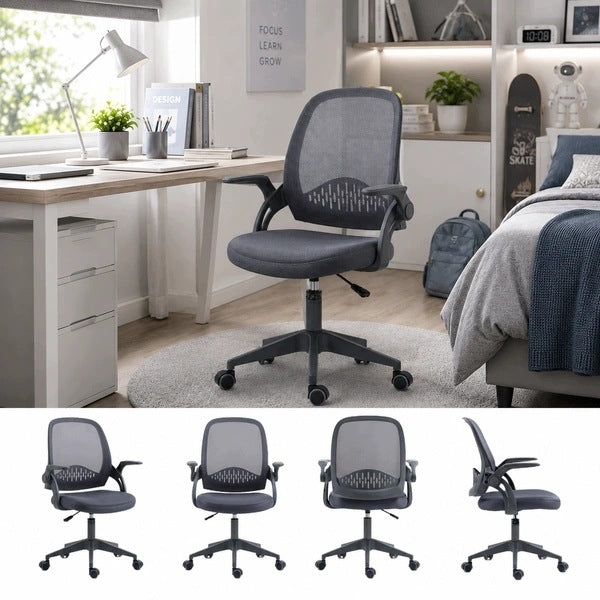 FLEXO Grey Mesh Swivel Desk Chair with Folding Armrests