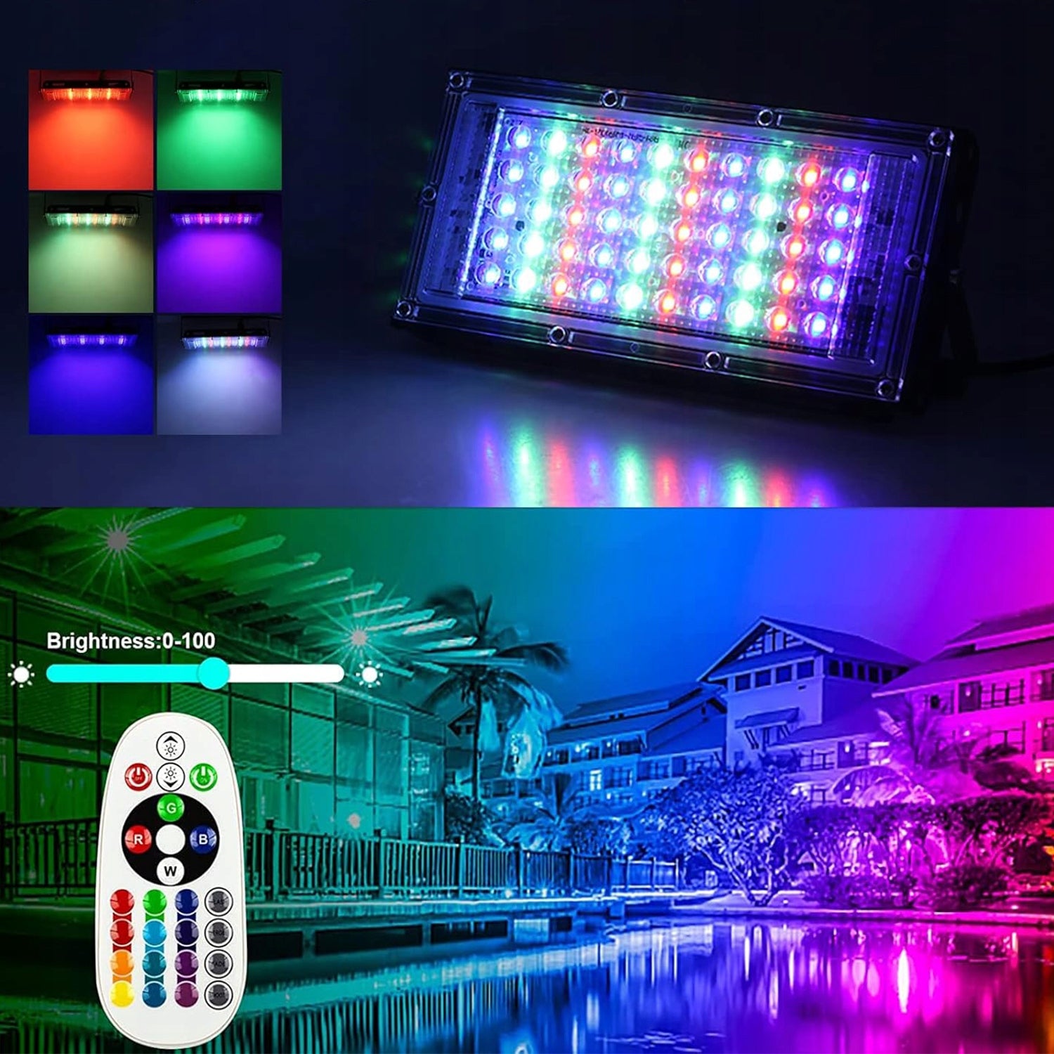 FLOODLIGHT HALOGEN SPOTLIGHT LED LAMP 50W IP65 16 COLORS 4 MODES + REMOTE CONTROL Color temperature 3000 K