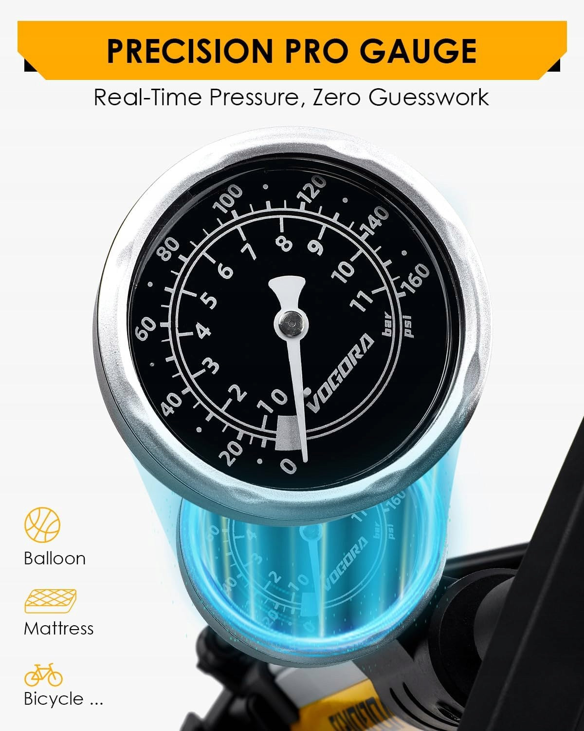 FLOOR BIKE PUMP WITH PRESSURE GAUGE 160 PSI PRESTA AUTO YELLOW VOGORA Packaging status original