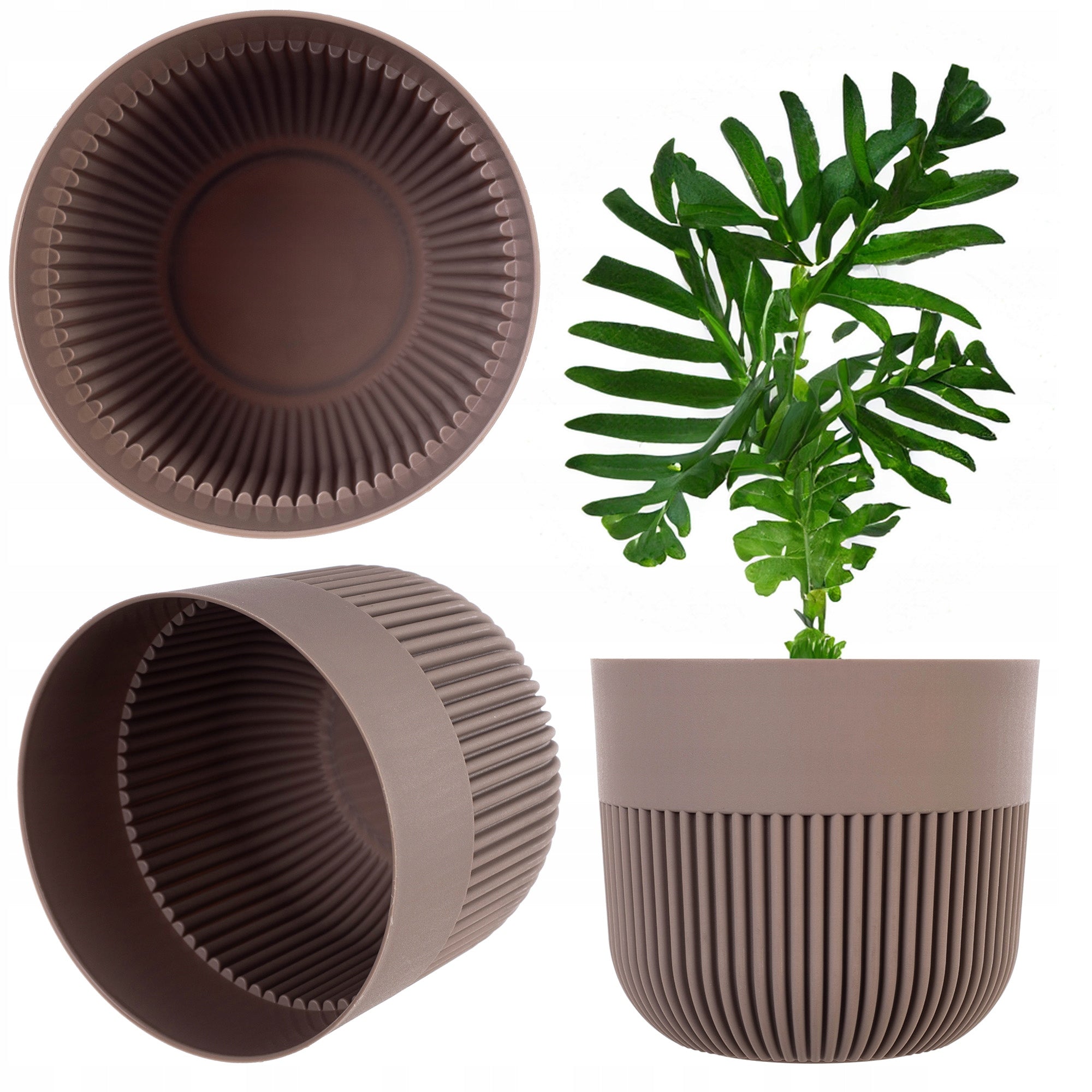 FLOWER POT PLANTER COVER 11cm FOR FLOWERS PLASTIC ROUND RIBBED BEIGE