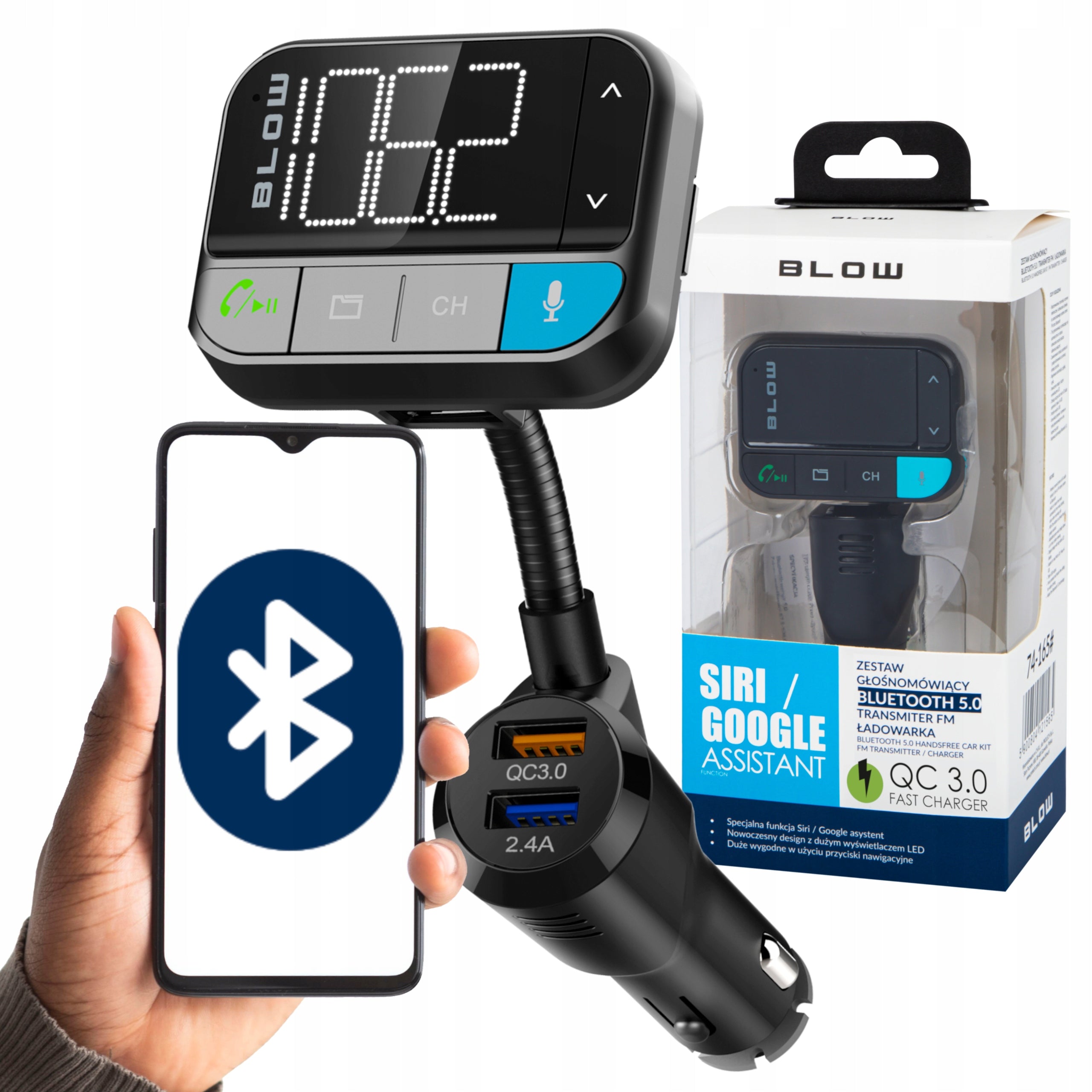 FM BLUETOOTH TRANSMITTER 5.0 SD QC 3xUSB SIRI/GOOGLE HANDSFREE