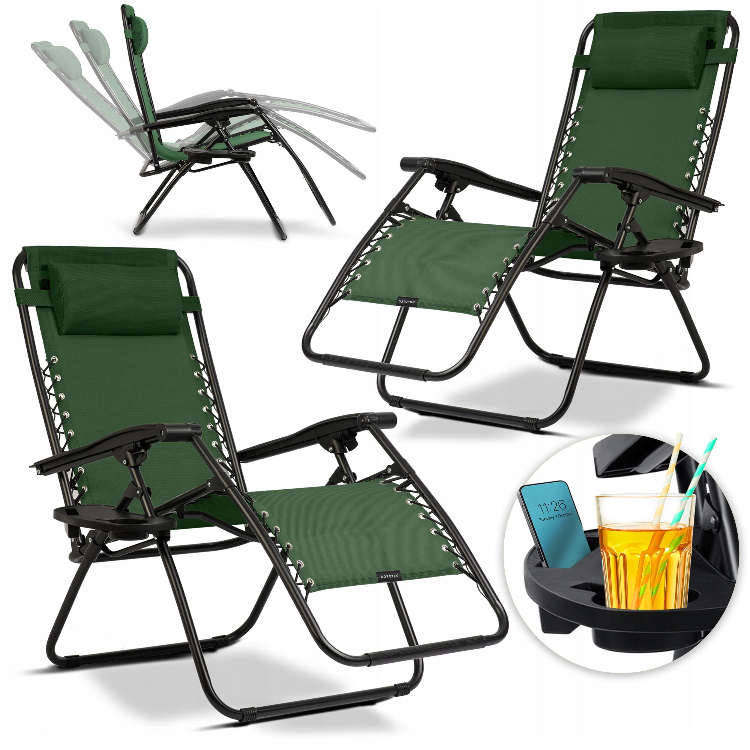 FOLDING BEACH LOUNGER GRAVITY TERRACE CHAIR FOR GARDEN 2PCS