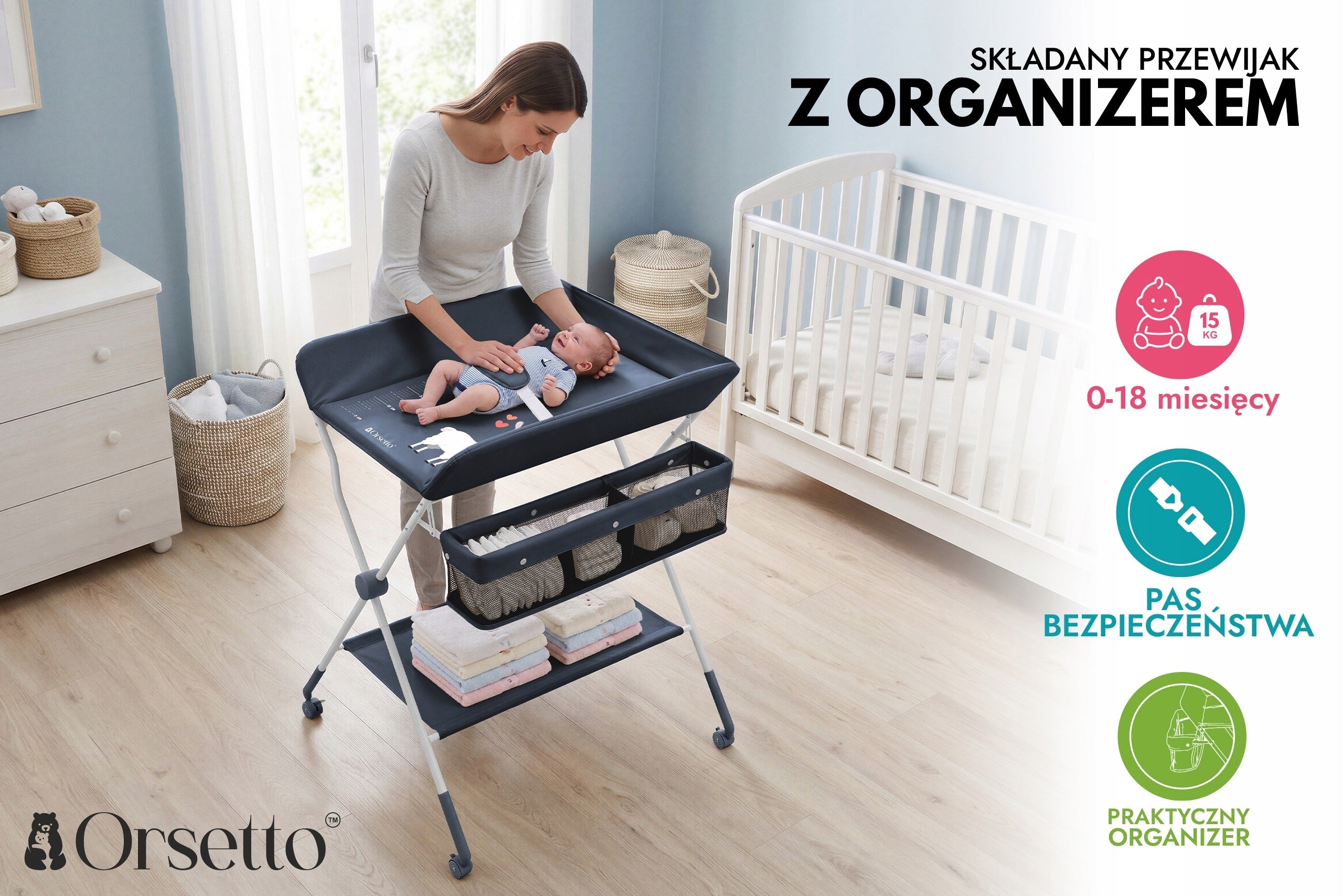 FOLDING CHANGING TABLE ON WHEELS WITH ORGANIZER ORSETTO NAVY BLUE Manufacturer code 5905226127157