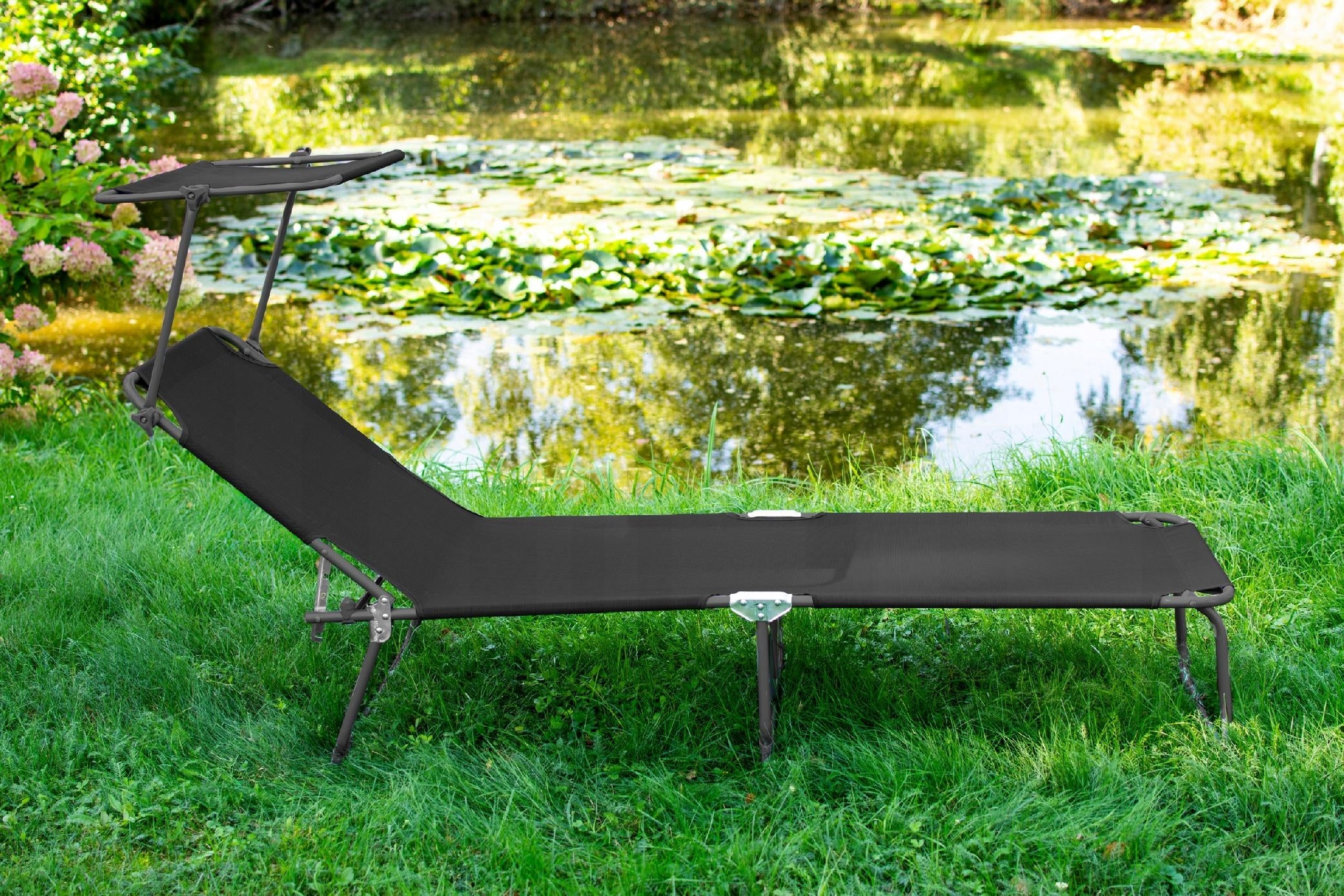 FOLDING GARDEN COUCH WITH CANOPY BLACK STEEL BEACH CHAIR SUN LOUNGER Frame material steel