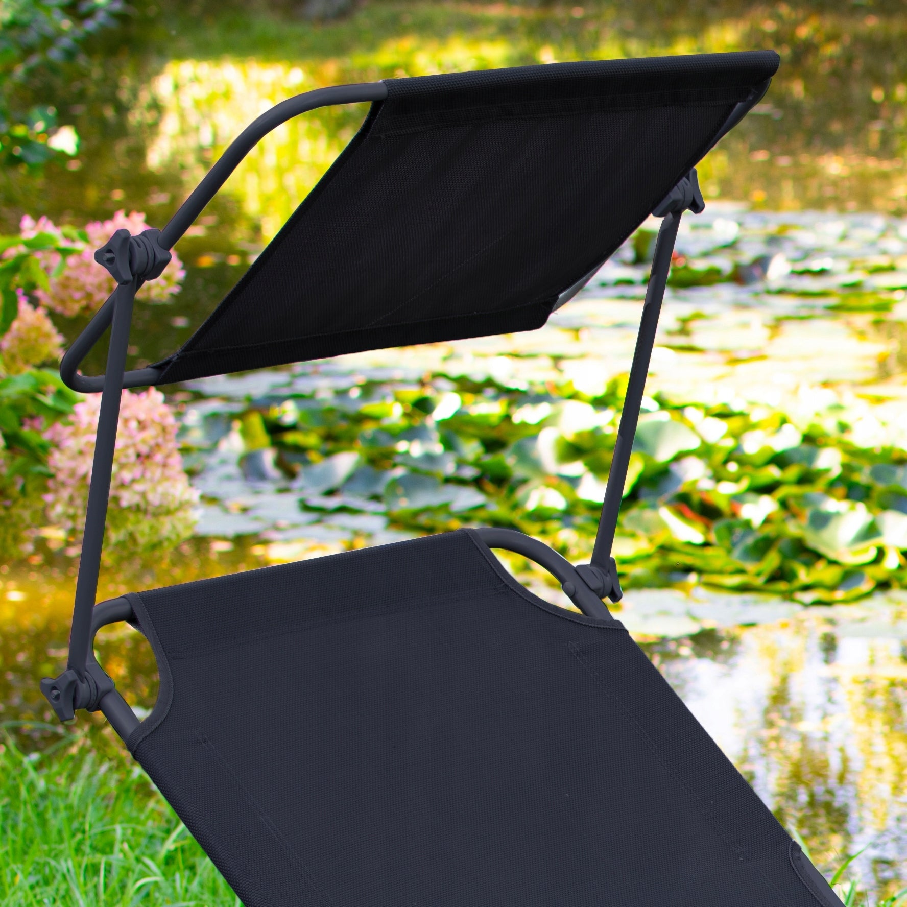 FOLDING GARDEN COUCH WITH CANOPY BLACK STEEL BEACH CHAIR SUN LOUNGER Kind sunbed